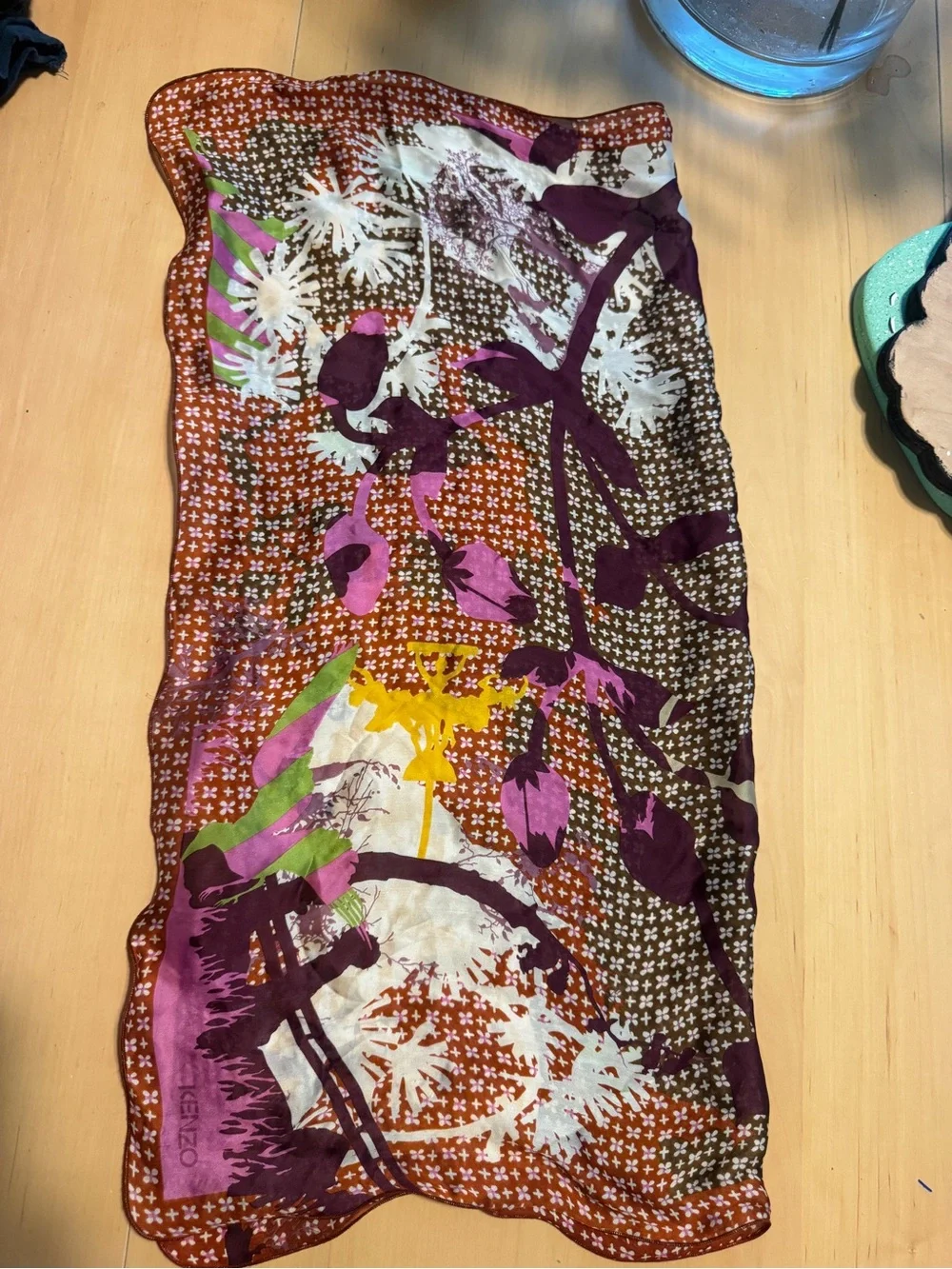 Kenzo Brown, Purple & Pink Graphic Silk Scarf